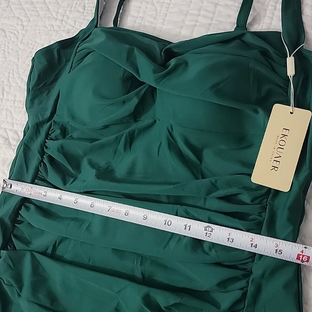 Emerald Green Rouche Tummy Control Retro Push-up One-Piece Swimsuit Plus XXL - Picture 4 of 13